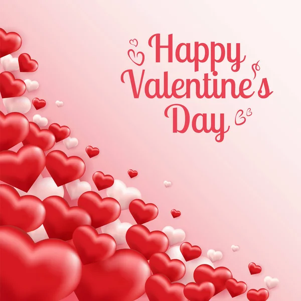 Happy Valentines Day. Postcard, background with volumetric hearts of red and white color and a congratulatory inscription. Vector — Stock Vector