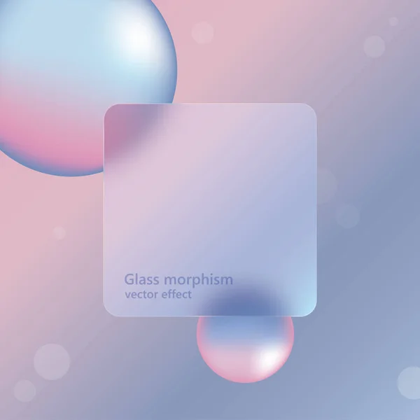 Cam morfizm ya da cam morfizm şeklinde şeffaf çerçeve. Arkaplanda soyut şekiller. Sıvı etkisi. Şeffaf ve bulanık kart veya çerçeve. Glass-morfizm tarzı. Geleceğe yönelik bir eğilim. Vektör