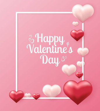 Valentines day concept background. Vector illustration. 3d red and pink hearts with white frame. Cute love sale banner or greeting card