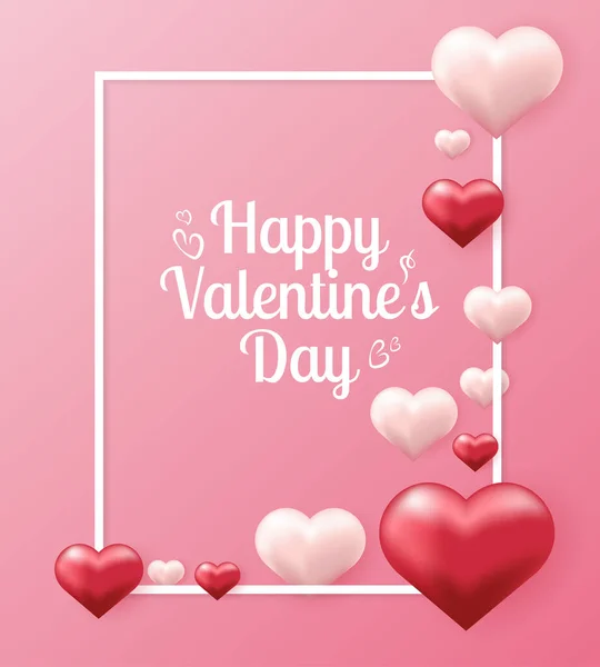 Valentines day concept background. Vector illustration. 3d red and pink hearts with white frame. Cute love sale banner or greeting card — Vector de stock