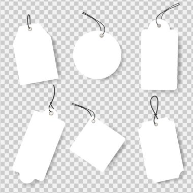Şeffaf arkaplan indirimi ve satış kuponlarında beyaz boş indirim kuponu şablonu seti. Vektör illüstrasyonu şeffaf arkaplanda izole edildi.
