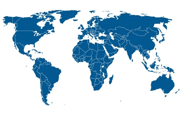 Dünya haritası. Ülke sınırları olan mavi kıtalar. Vektör. — Stok Vektör