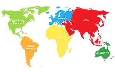 Dünya 'nın renkli politik haritası. Her kıtanın farklı renkleri. Basit düz vektör haritası..