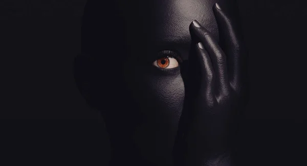 Das Gesicht Einer Verängstigten Weiblichen Gestalt Dunkeln Die Ihr Gesicht — Stockfoto