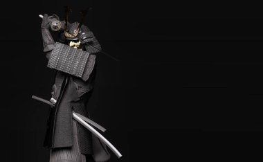 Japon zırhı giymiş ve elinde kılıç tutan bir samuray. 3B illüstrasyon.