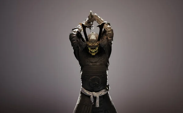 Zırh giyen ve kılıç tutan bir samuray. 3B illüstrasyon.