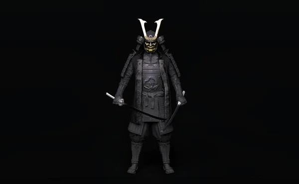 Zırh giyen ve elinde kılıç tutan bir samuray. 3B illüstrasyon.