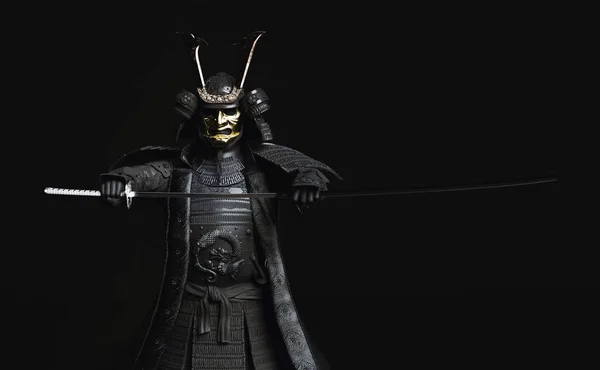 Zırh giyen ve kılıç çeken bir samuray. 3B illüstrasyon.