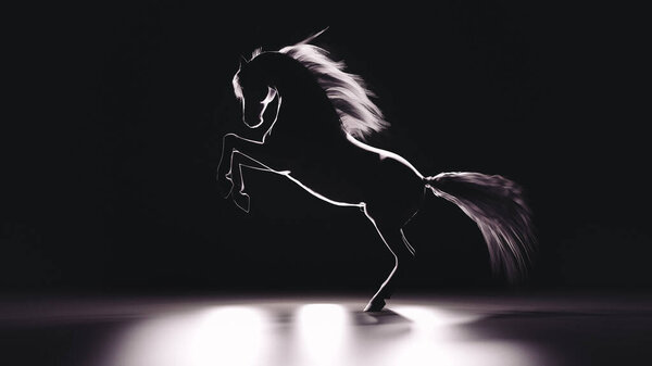 A silhouette of a horse standing up. 3D illustration.