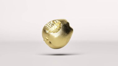 Beyaz arka plana düşen ısırılmış altın bir elma. 3B illüstrasyon.