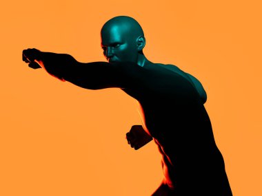 Kaslı bir adam yumruk atıyor. 3B illüstrasyon.