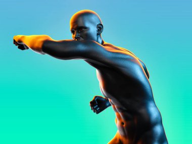 Kaslı bir adam yumruk atıyor. 3B illüstrasyon.