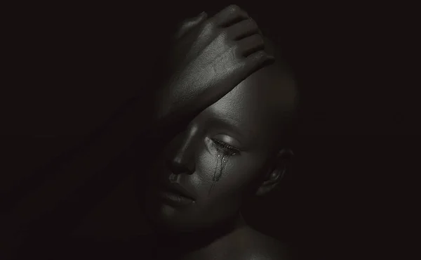Gözyaşları içinde bir kadın, bir eli karanlıkta yüzünü gizliyor. 3B illüstrasyon.