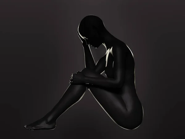 一个女人痛苦地抱着膝盖的轮廓 3D插图 — 图库照片
