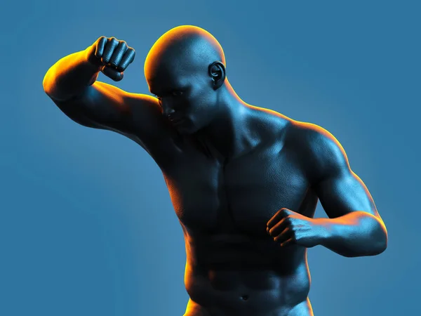 Savunma pozisyonunda kaslı bir adam. 3B illüstrasyon.