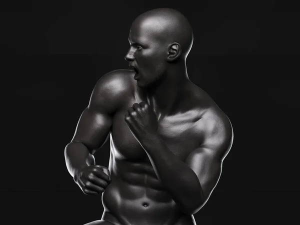 Kavgada kaslı bir adam karanlık arka planda poz verir. 3B illüstrasyon.