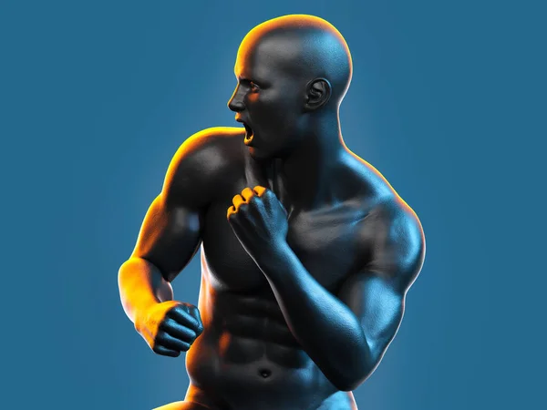 Dövüş pozisyonunda kaslı bir adam. 3B illüstrasyon.