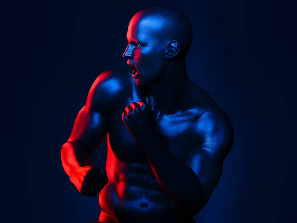 Dövüş pozisyonunda kaslı bir adam. 3B illüstrasyon.