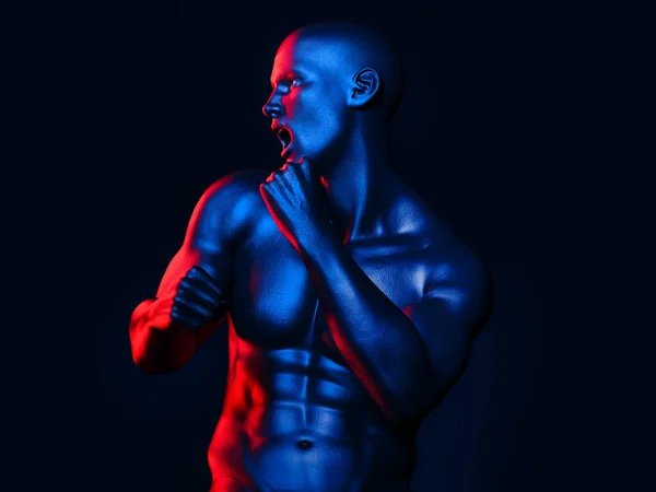 A muscular man in a fighting pose. 3D illustration.