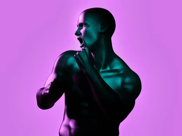 Dövüş pozisyonunda kaslı bir adam. 3B illüstrasyon.