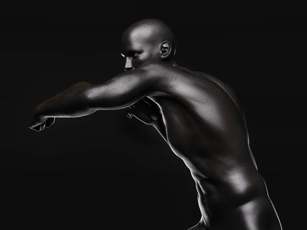 Karanlık arka plana yumruk atan kaslı bir adam. 3B illüstrasyon.