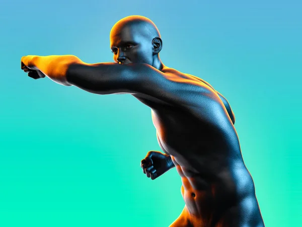 Kaslı bir adam yumruk atıyor. 3B illüstrasyon.