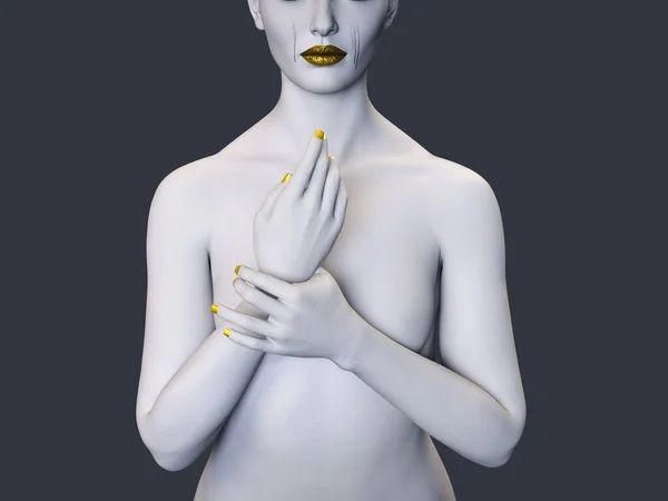 Kalp kırıcı. Eli göğsünde ve gözlerinden yaşlar akan bir kadın figürü. 3B illüstrasyon.