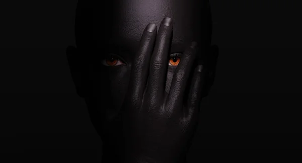 一个女人用一只手捂住脸在黑暗中看着你3D说明 — 图库照片