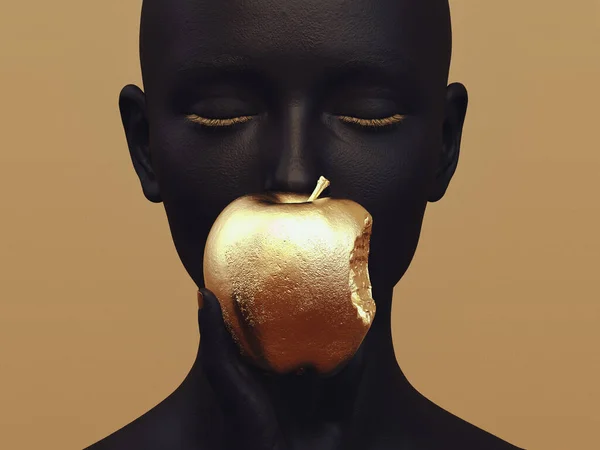 一个拿着被咬的金苹果的女性形象 3D插图 — 图库照片