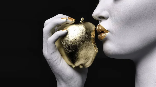 Eine Weibliche Figur Hält Einen Gebissenen Goldenen Apfel Auf Dunklem — Stockfoto