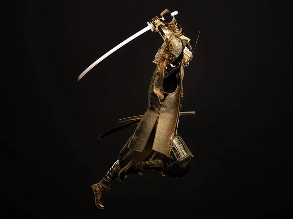 Koyu arkaplanda kılıç tutan altın bir samurayın tüm vücudu. 3B illüstrasyon.