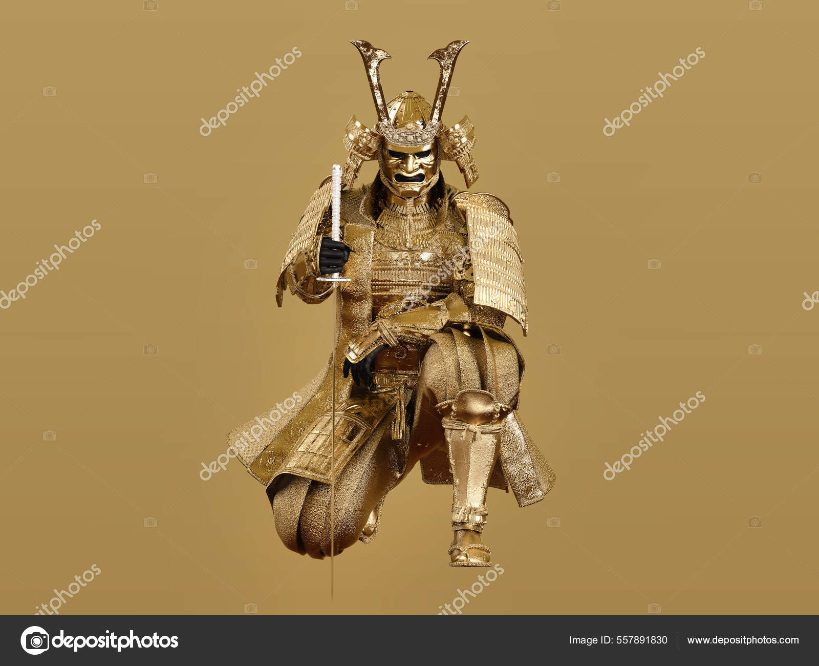 日本の黄金の鎧を着た武士が膝の上に座ります 3Dイラスト — ストック