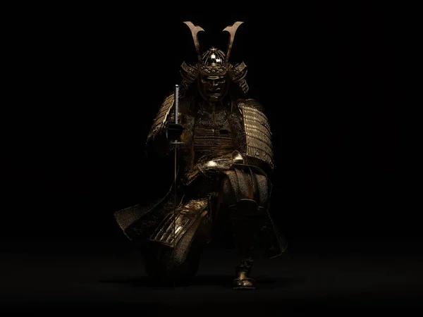 Samurai Senta Num Joelho Usando Uma Armadura Dourada Ilustração — Fotografia de Stock