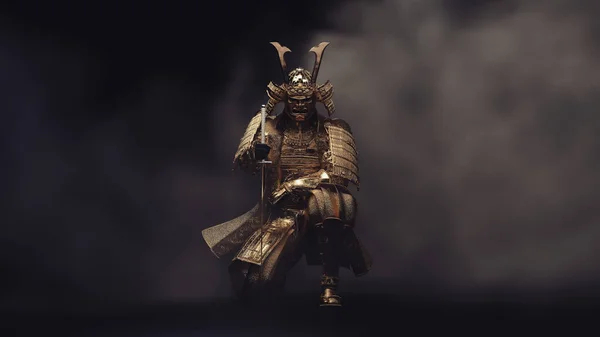 Samurai Senta Joelho Usando Uma Armadura Dourada Nevoeiro Ilustração — Fotografia de Stock