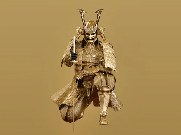Ένας Σαμουράι Κάθεται Στο Ένα Γόνατο Φορώντας Χρυσή Ιαπωνική Πανοπλία — Φωτογραφία Αρχείου