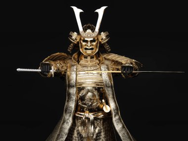 Altın zırh giyen ve arka planda kılıç çeken bir samuray figürü. 3B illüstrasyon.