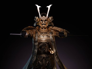 Altın zırh giyen ve arka planda kılıç çeken bir samuray figürü. 3B illüstrasyon.