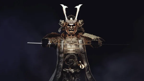 Una Figura Samurai Con Armadura Dorada Desenvainando Una Espada Niebla — Foto de Stock