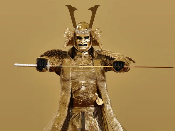 Μια Φιγούρα Σαμουράι Που Φοράει Χρυσή Πανοπλία Και Τραβάει Σπαθί — Φωτογραφία Αρχείου