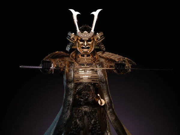 Altın zırh giyen ve arka planda kılıç çeken bir samuray figürü. 3B illüstrasyon.