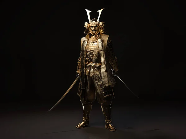 Samurai Wearing Golden Armor Holding Sword Each Hand Illustration — Stock Photo, Image