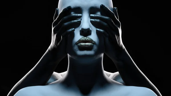 Göz yaşları içinde bir kadın figürü bir el tarafından arkadan bağlanıyor. 3B illüstrasyon.