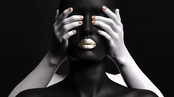 Göz yaşları içinde bir kadın figürü bir el tarafından arkadan bağlanıyor. 3B illüstrasyon.