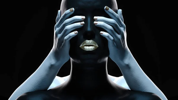 Göz yaşları içinde bir kadın figürü bir el tarafından arkadan bağlanıyor. 3B illüstrasyon.