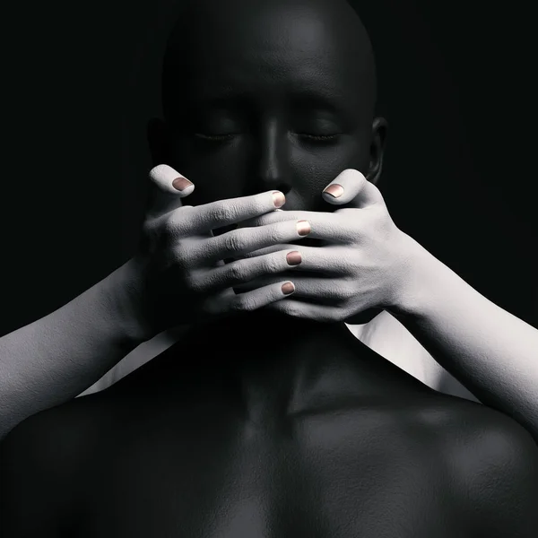 一个女性形象 她的嘴被一只手从后面捂住 在黑暗的背景下泪流满面 3D插图 — 图库照片