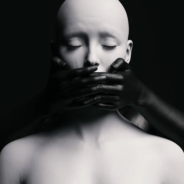 Bir kadın figürü, ağzı arkadan eliyle kaplanmış ve koyu arkaplanda gözyaşları akıyordu. 3B illüstrasyon.