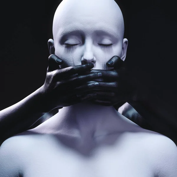 一个女性形象 她的嘴被一只手从后面捂住 在黑暗的背景下泪流满面 3D插图 — 图库照片
