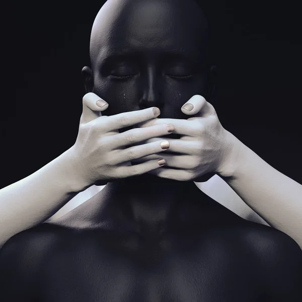 Bir kadın figürü, ağzı arkadan eliyle kaplanmış ve koyu arkaplanda gözyaşları akıyordu. 3B illüstrasyon.