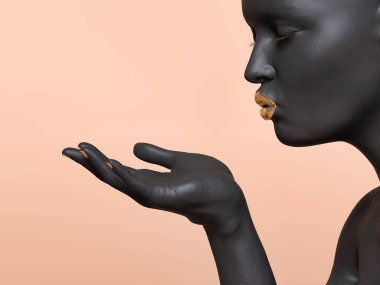 Parlak arka planda gözleri kapalı nefes alıp veren bir kadın figürü. 3d illüstrasyon.