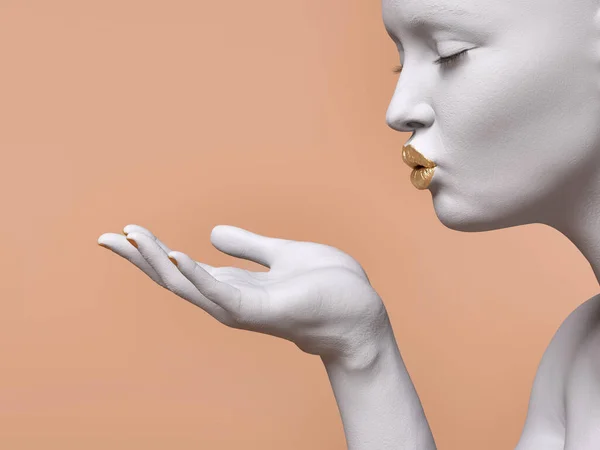 Parlak arka planda gözleri kapalı nefes alıp veren bir kadın figürü. 3d illüstrasyon.